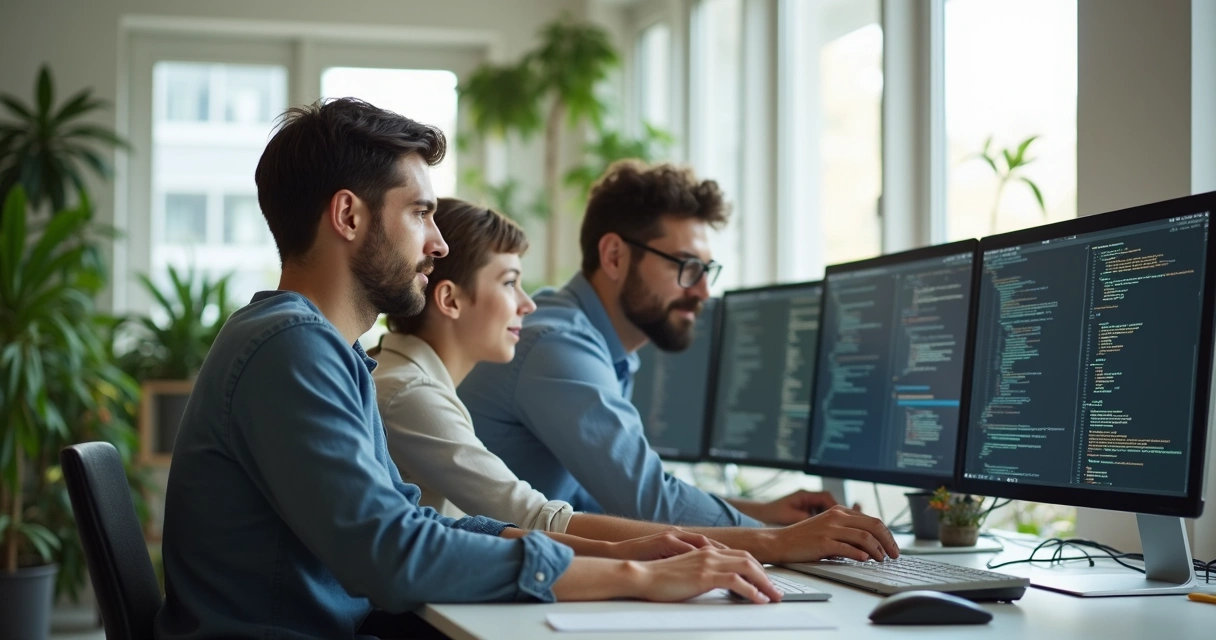 Mentor de tecnologia orientando equipe de desenvolvedores em ambiente informal