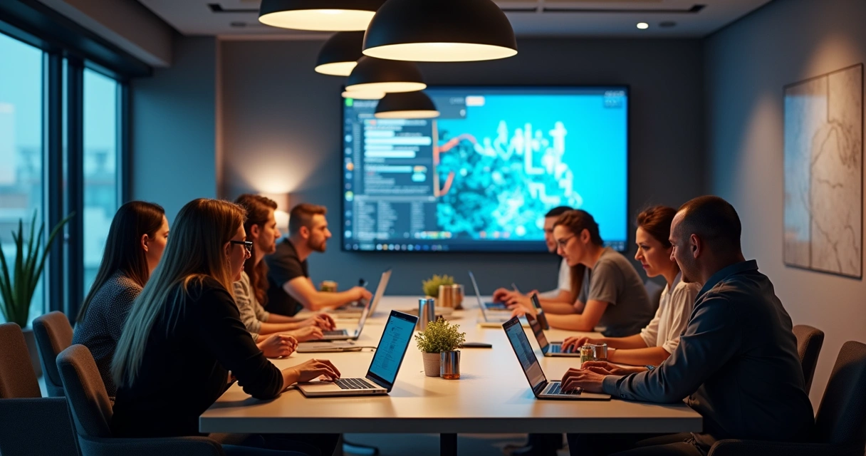 Equipe de mentores reunidos usando tecnologias para escalar mentorias