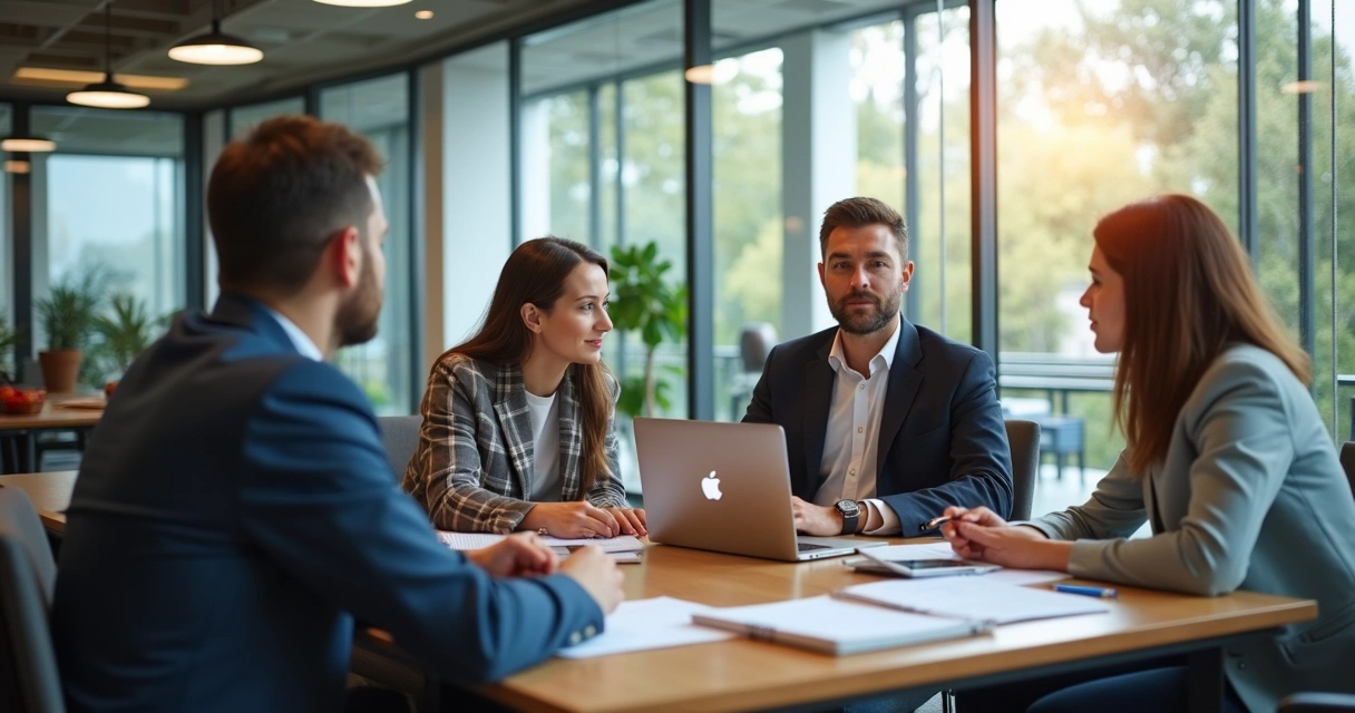 Mentoria durante treinamento empresarial em escritório moderno