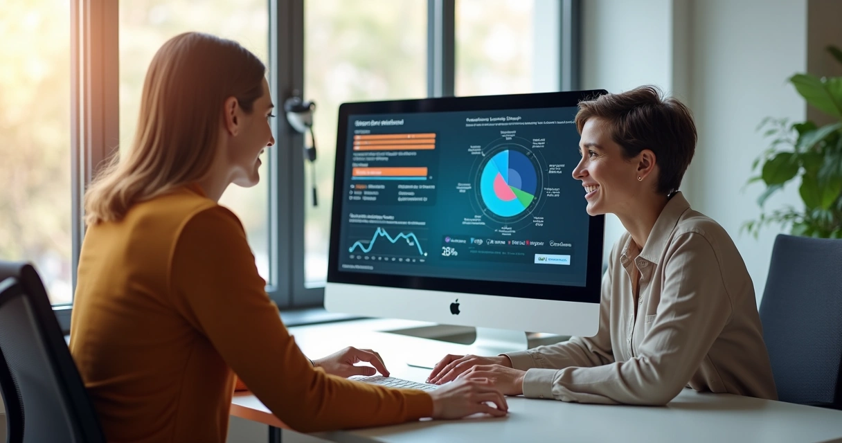 Mentor orientando colaborador em tela de treinamento de IA 