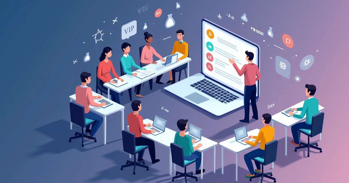 Grupo pequeno estudando exatas com professor em ambiente digital moderno 