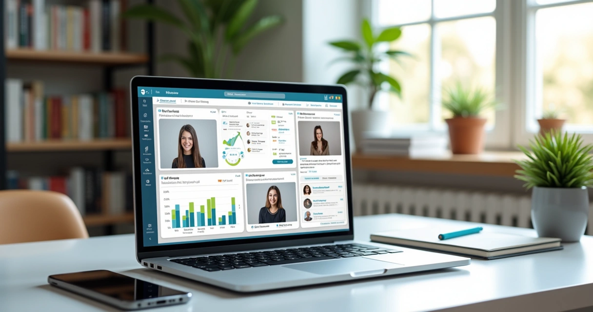 Tela de computador exibindo plataforma de mentoria online com interface personalizada, trilhas de aprendizagem e videochamadas 