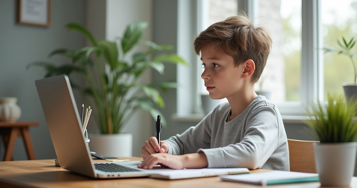 Pessoa jovem sentada entre laptop e caderno, refletindo sobre mentoria e autoajuda digital em ambiente moderno e iluminado 