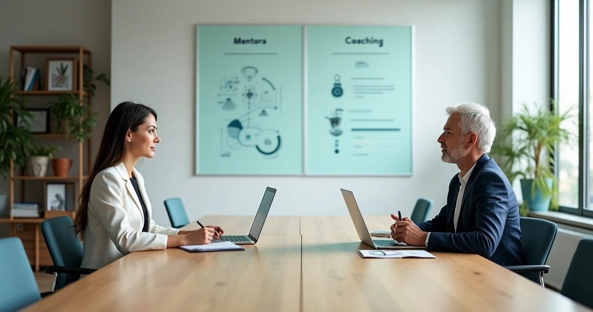 Mentora e coach em reunião com profissional comparando caminhos de desenvolvimento pessoal 