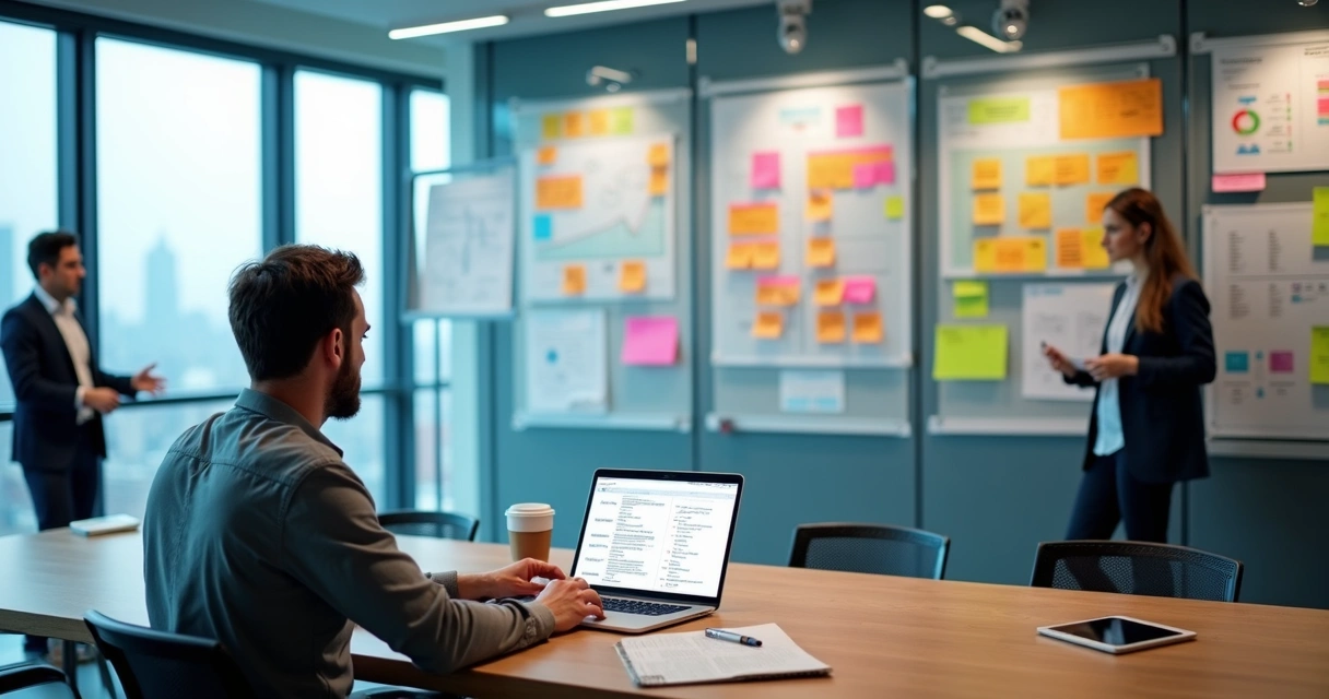 Founder avalia mentoria contínua e consultoria pontual em painel com pós-its e gráficos 