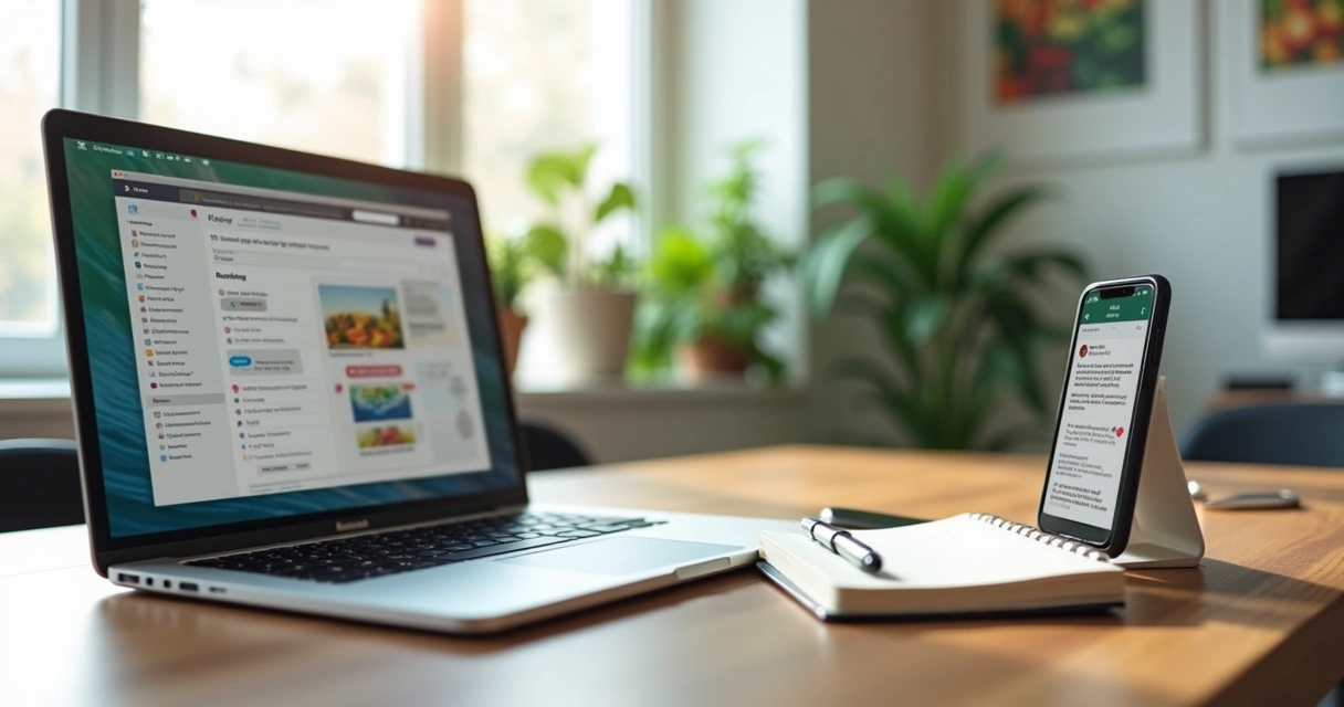 Mesa com notebook, smartphone mostrando chat de WhatsApp e caderno com anotações em consultório de nutrição 
