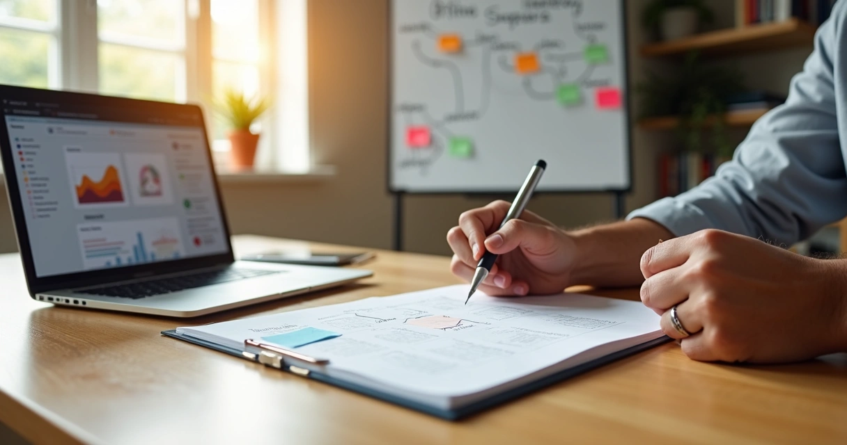 Empreendedor organizando checklist de mentoria em mesa de trabalho criativa 