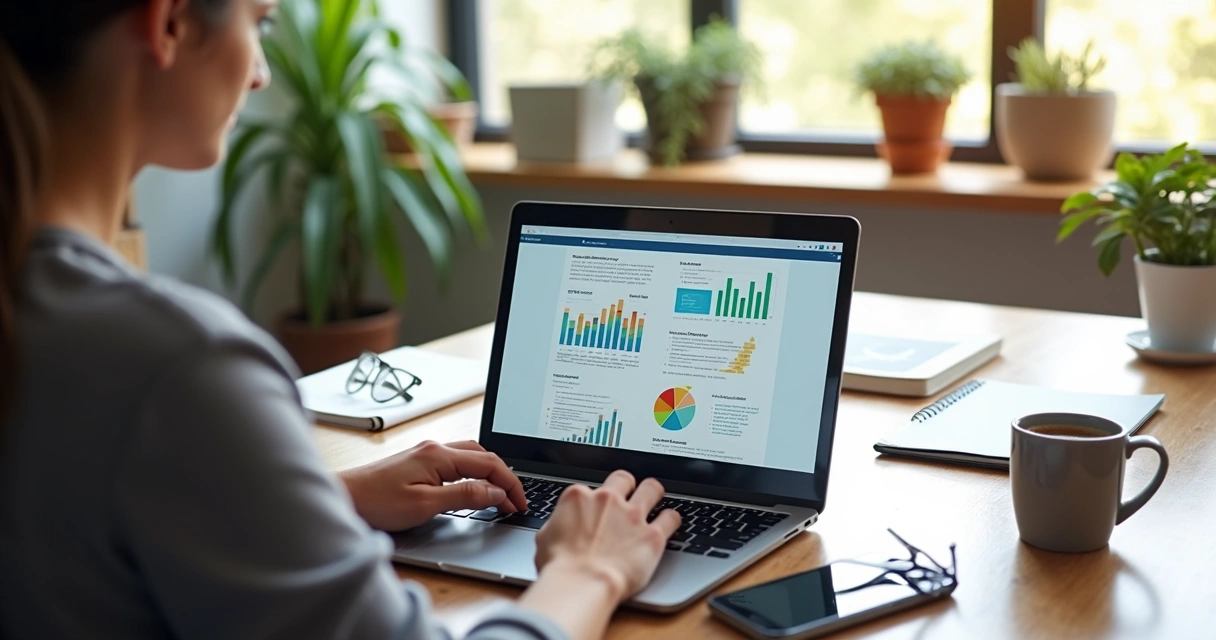 Mentor usando laptop mostrando ebook digital com gráficos e anotações ao redor 