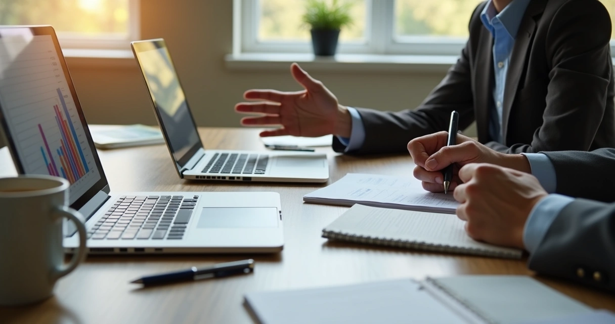 Manager mentoring an emerging leader at a desk 