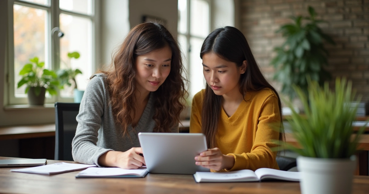 Mentor coaching a young adult in a casual office space 