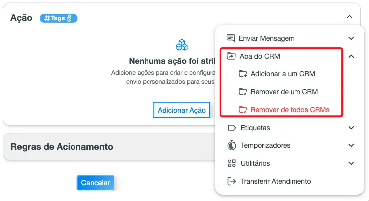 Menu de ações no WaSpeed mostrando opções para aba do CRM, etiquetas, temporizadores, utilitários e transferência de atendimento