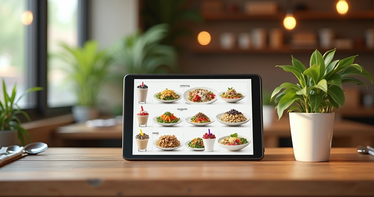 Cardápio digital com opções de alimentos funcionais em restaurante moderno 