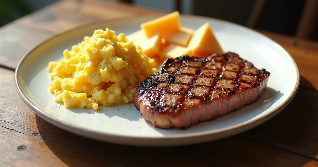 Prato com ovos, carne vermelha e queijo curado 