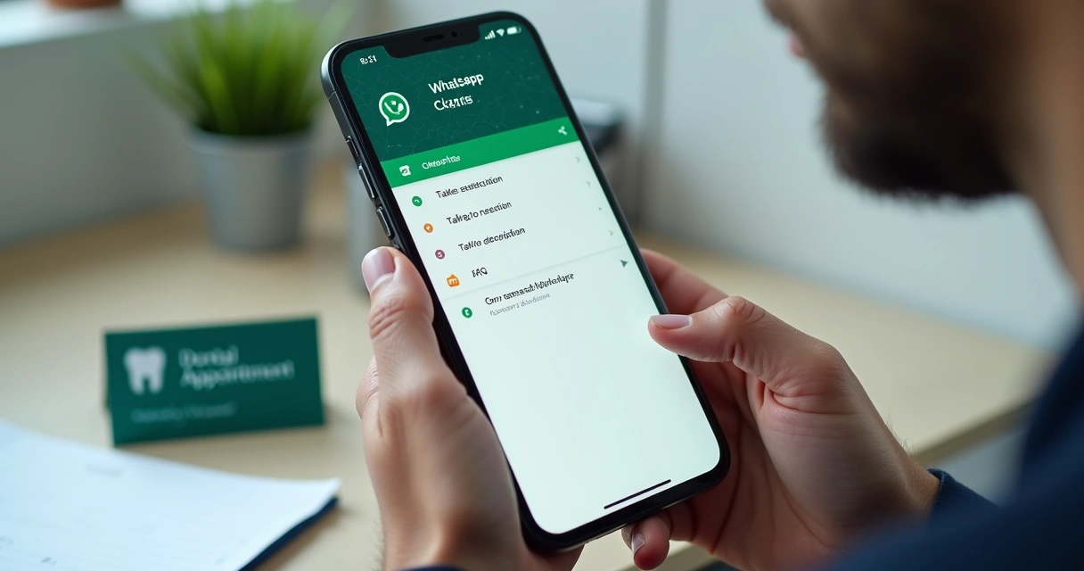 Tela de WhatsApp exibindo menu de bot com opções númericas para agendamento e dúvidas. 