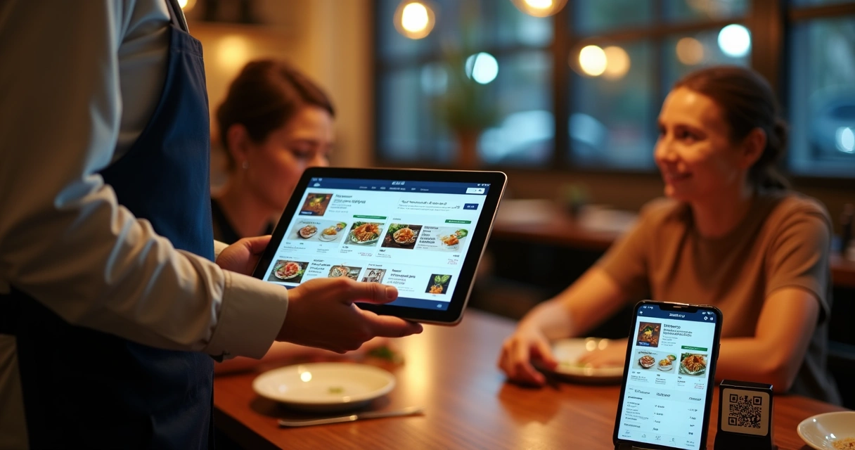 Garçom mostra menu digital responsivo em tablet para cliente em restaurante moderno 