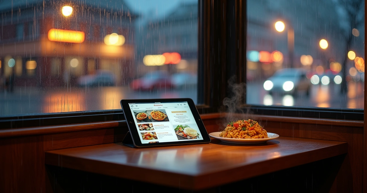 Cardápio digital aberto em tablet dentro de restaurante com chuva na janela 