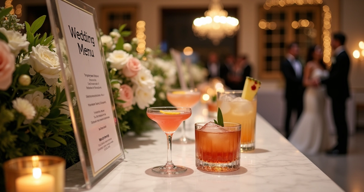 Bar de casamento elegante com menu de drinks iluminado e taças coloridas 