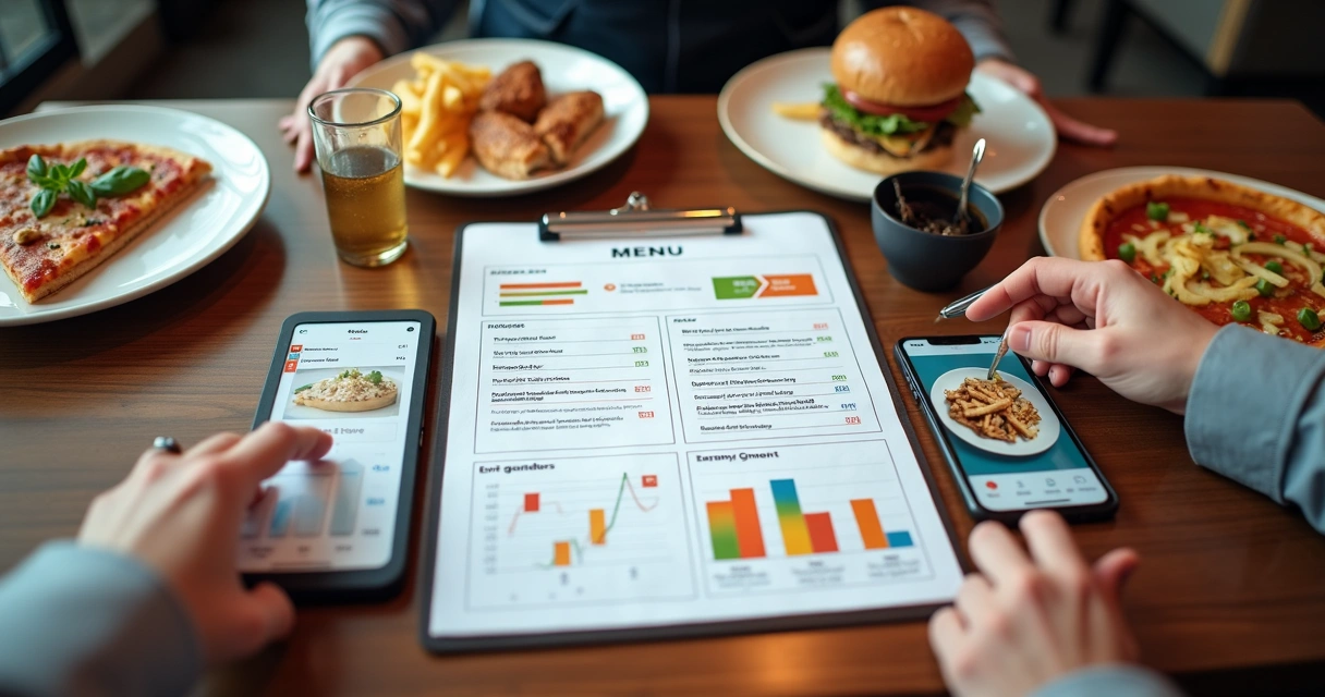 Vista superior de cardápio de restaurante destacado com pratos principais e gráficos de lucro 