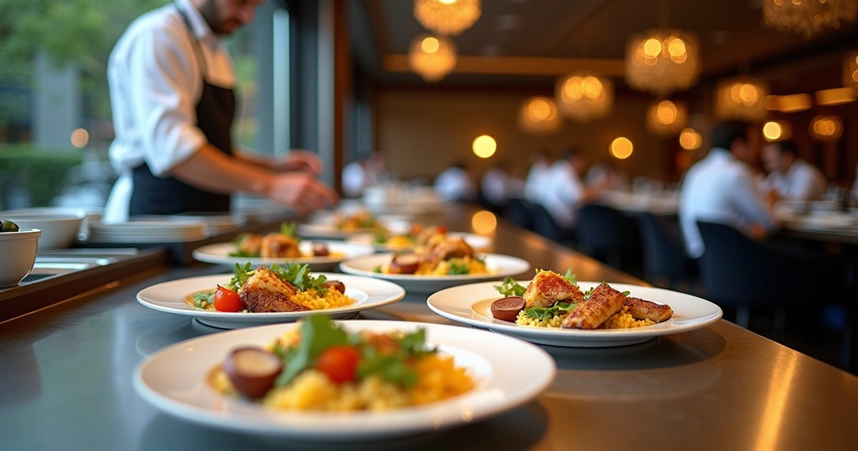 Menu executivo com pratos variados e ambiente de restaurante 