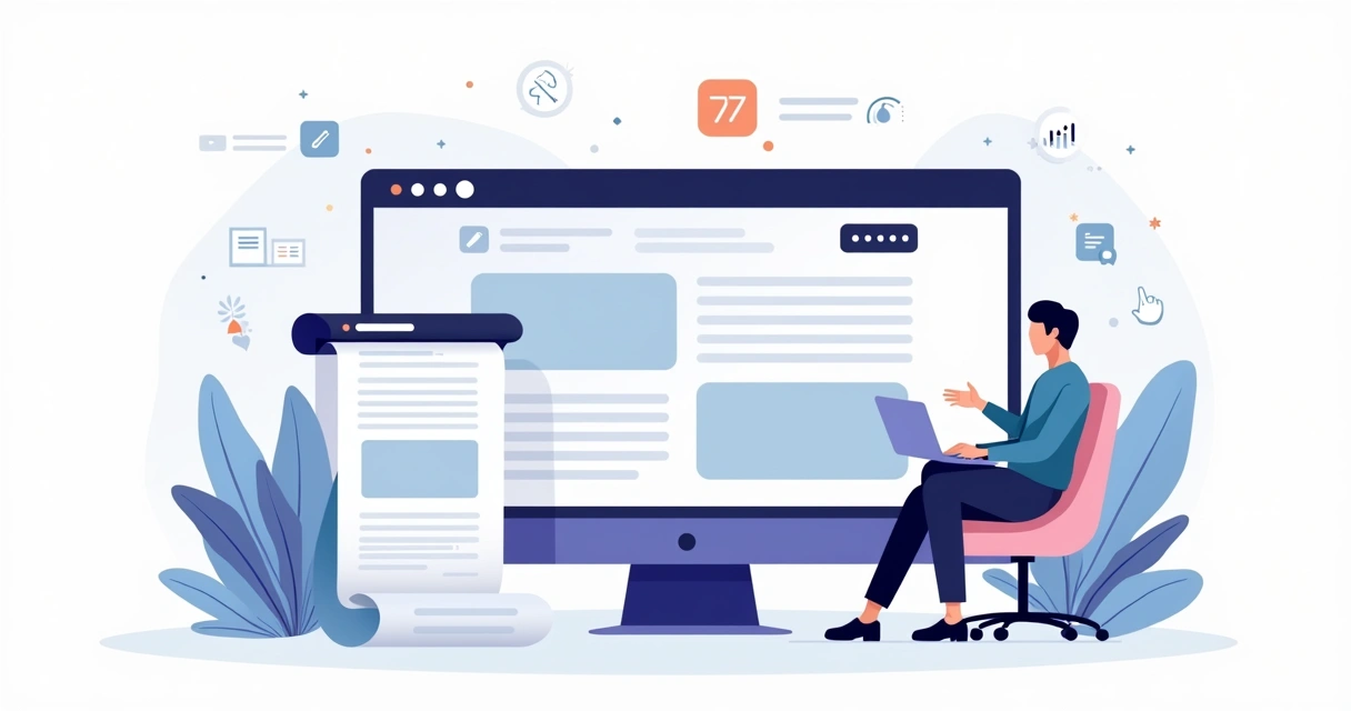 Ilustração de landing page com menu fixo guiando a navegação do usuário 