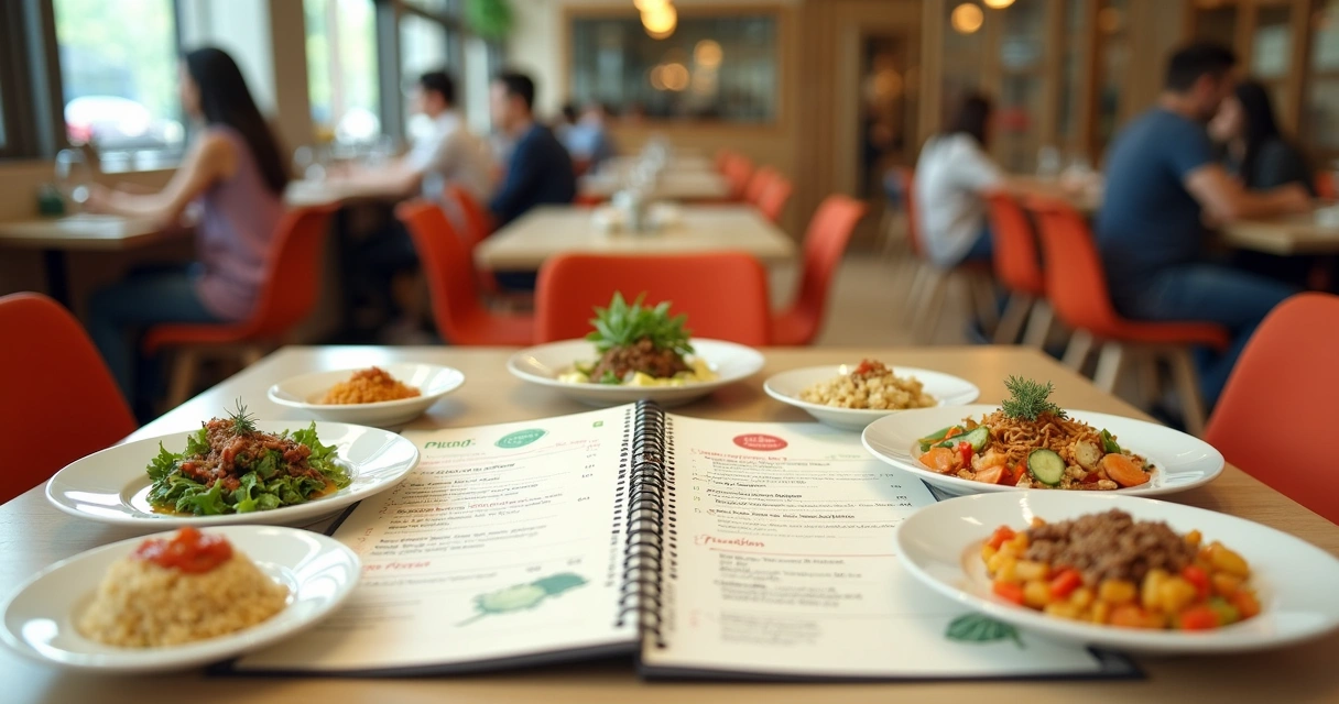 Menu de restaurante com símbolos vegano, sem glúten, sem lactose e vegetariano ao lado dos pratos