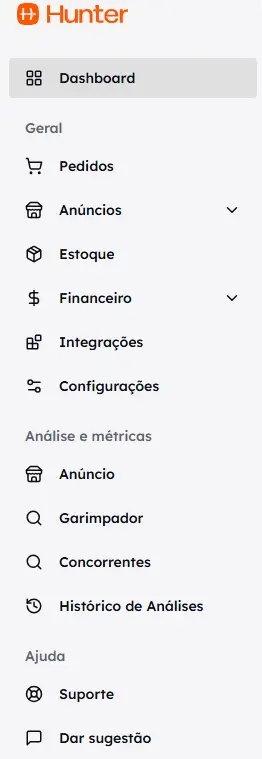 Menu lateral da plataforma Hunter com seções de Dashboard, Geral, Análise e métricas, e Ajuda.