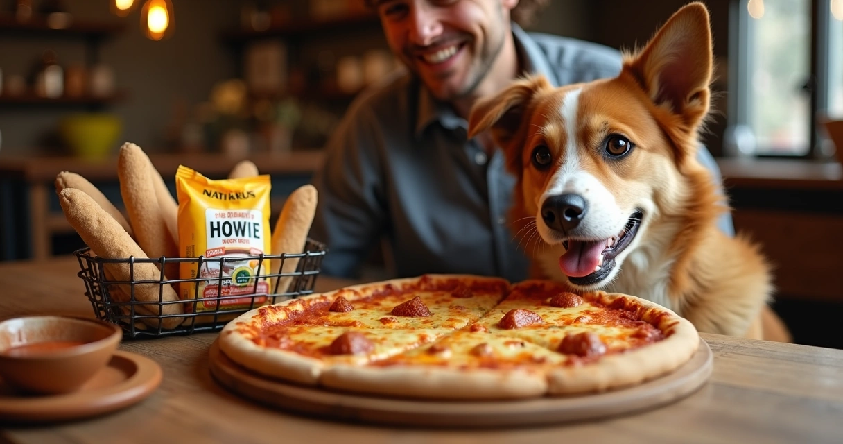 Pizza, Howie Bread e petiscos naturais para cachorro lado a lado, tudo pronto para um combo para pets e tutores. 