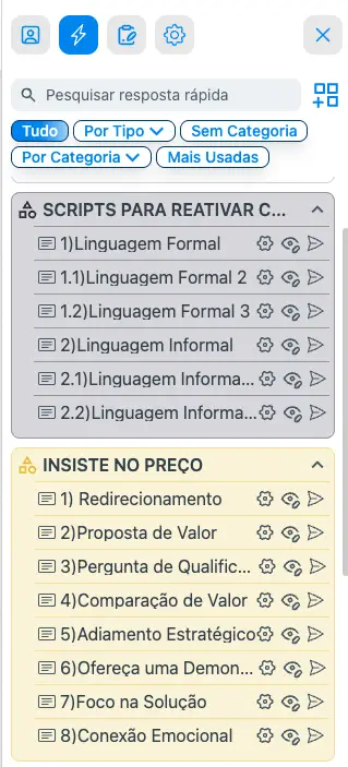 Menu de scripts para resposta rápida exibido em interface de software, com categorias e opções organizadas