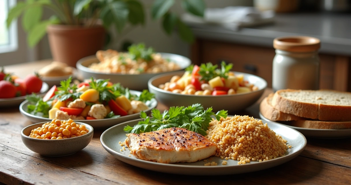Mesa vista desde arriba con platos variados ricos en proteínas 