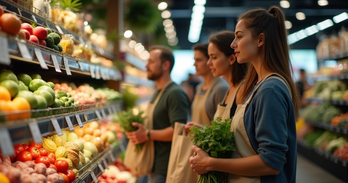 Consumidores de diversas idades em um mercado, avaliando produtos em uma prateleira de orgânicos 