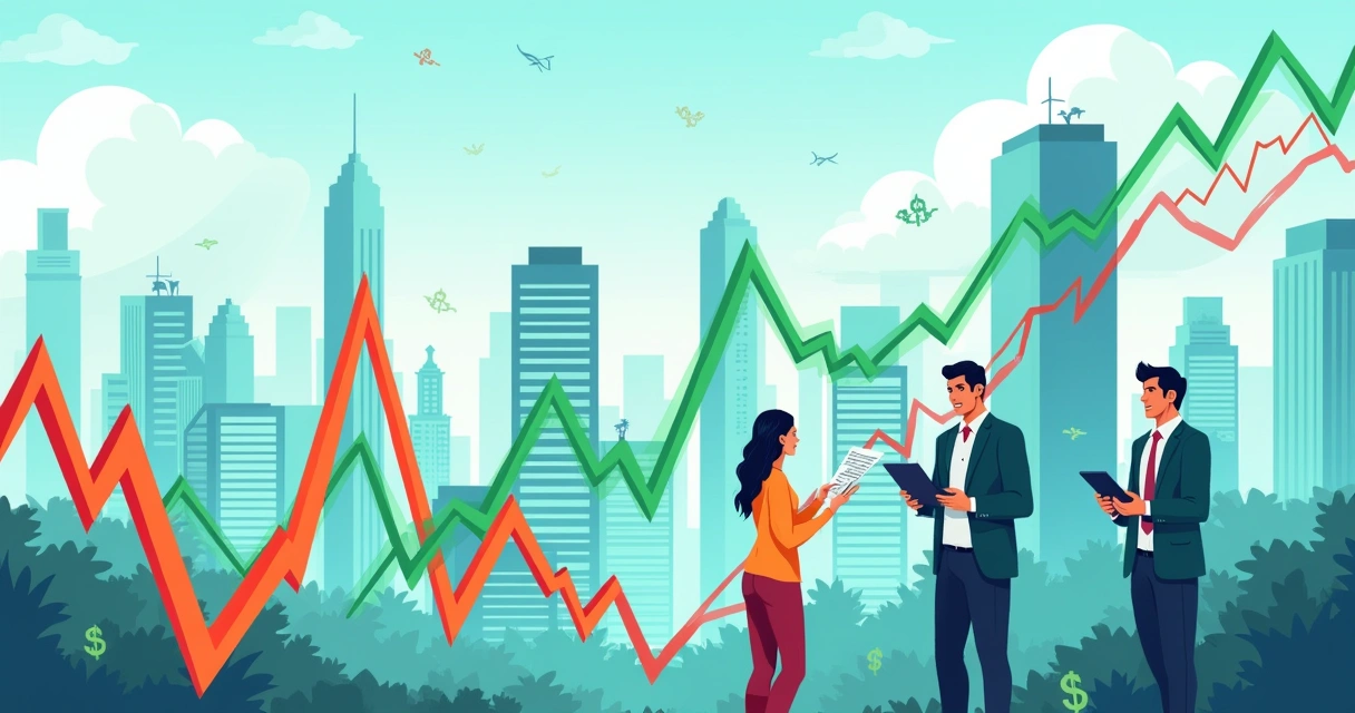 Representação do mercado de ações com índice Ibovespa e investidores atentos a oscilações do mercado.