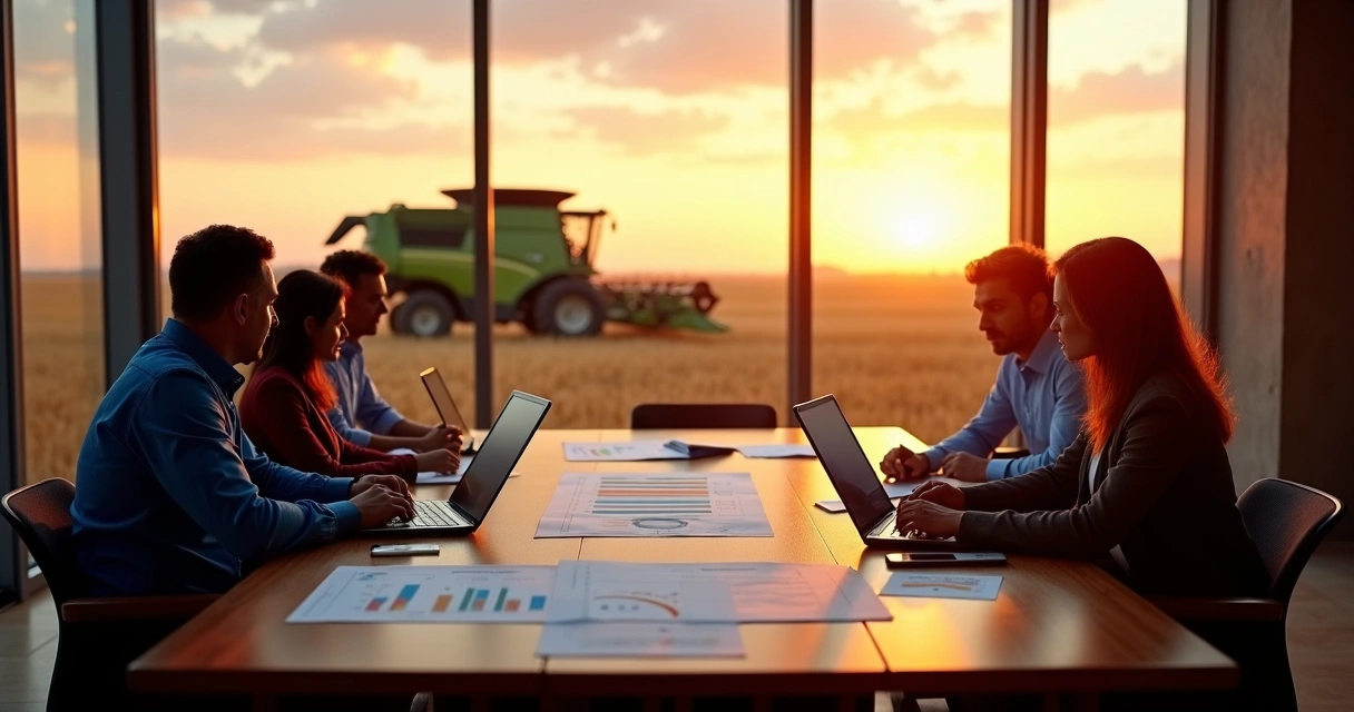 Mesa de negociações agrícolas com colheitadeira ao fundo 