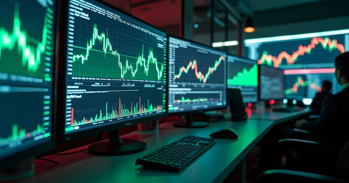 Vários gráficos financeiros e um teclado de computador