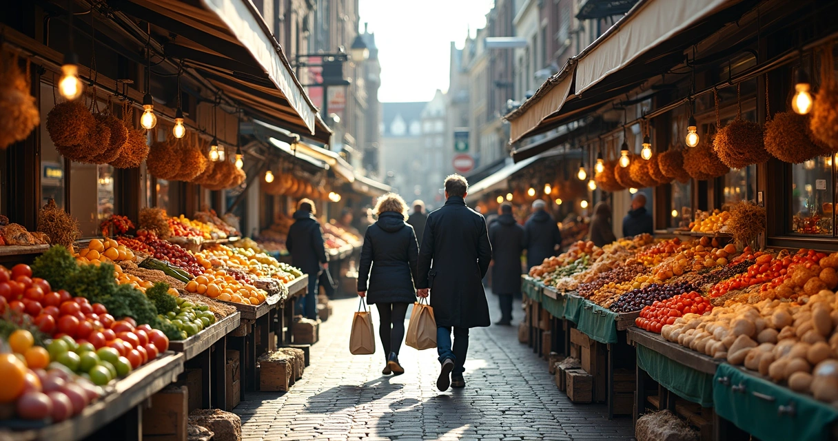 Mercado em Amsterdã com frutas, queijos e pessoas comprando alimentos 