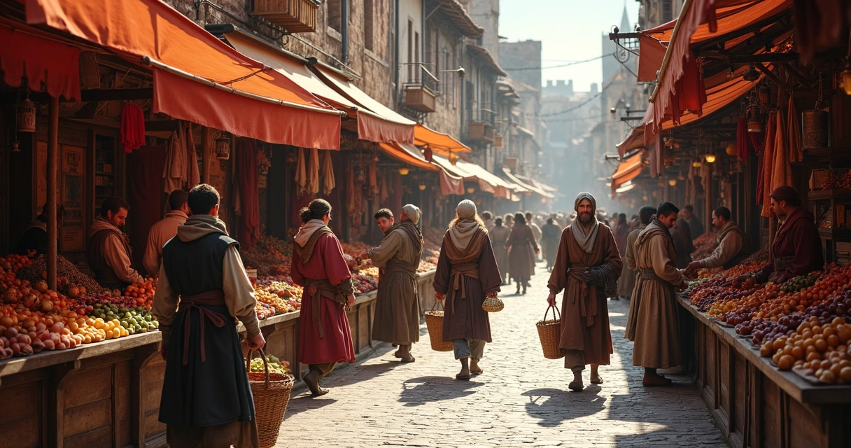 Cena de mercado antigo com pessoas trocando produtos em barracas 