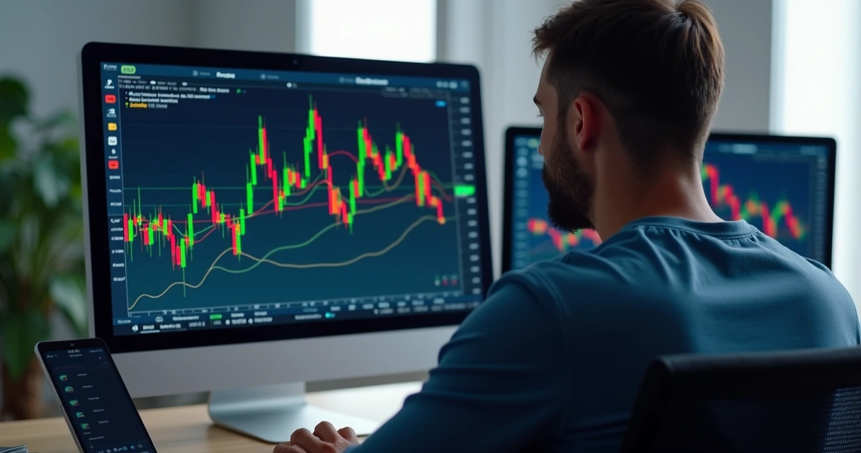 Pessoa usando computador para negociar apostas em tela com gráficos. 