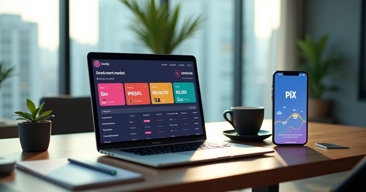 Tela de plataforma de apostas de eventos em reais com Pix aberta em notebook 