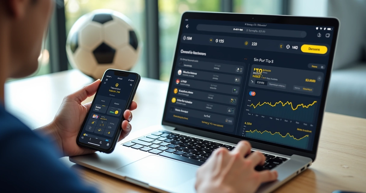 Pessoa usando laptop e smartphone para apostar em eventos com gráficos e opções de 'Sim' e 'Não' na tela 