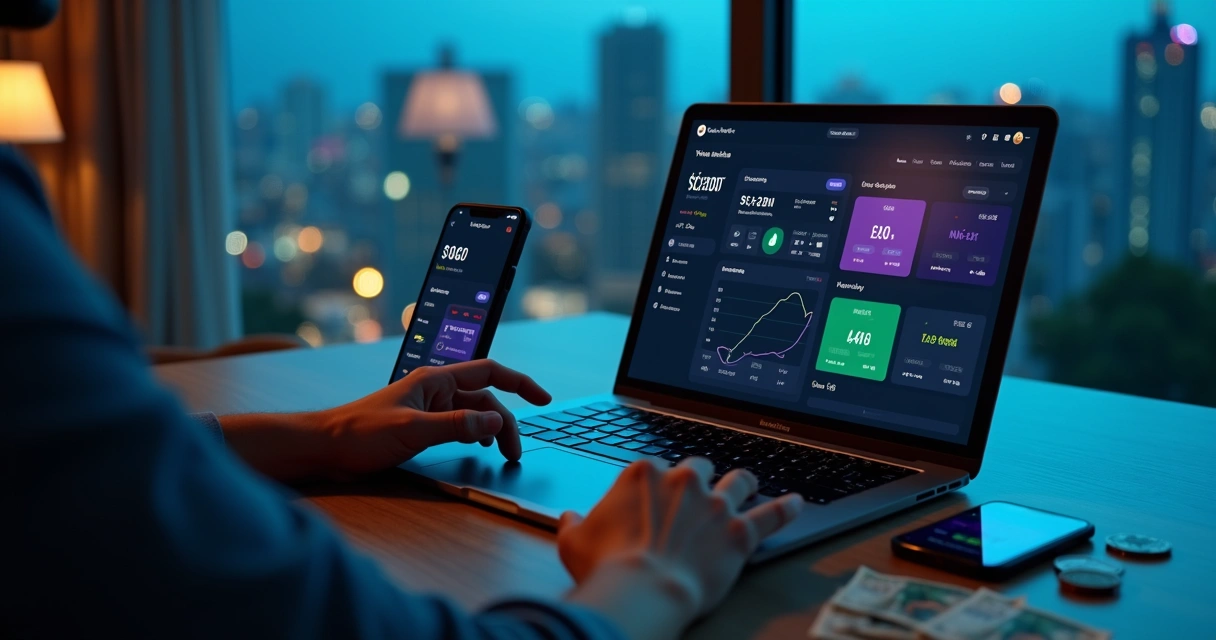 Pessoa usando notebook e celular para apostar em mercado de eventos com gráficos e dinheiro em reais na tela 