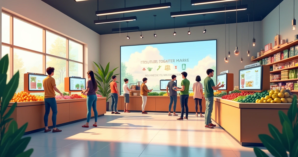 Interior of a modern autonomous market with diverse customers using kiosks and digital displays.