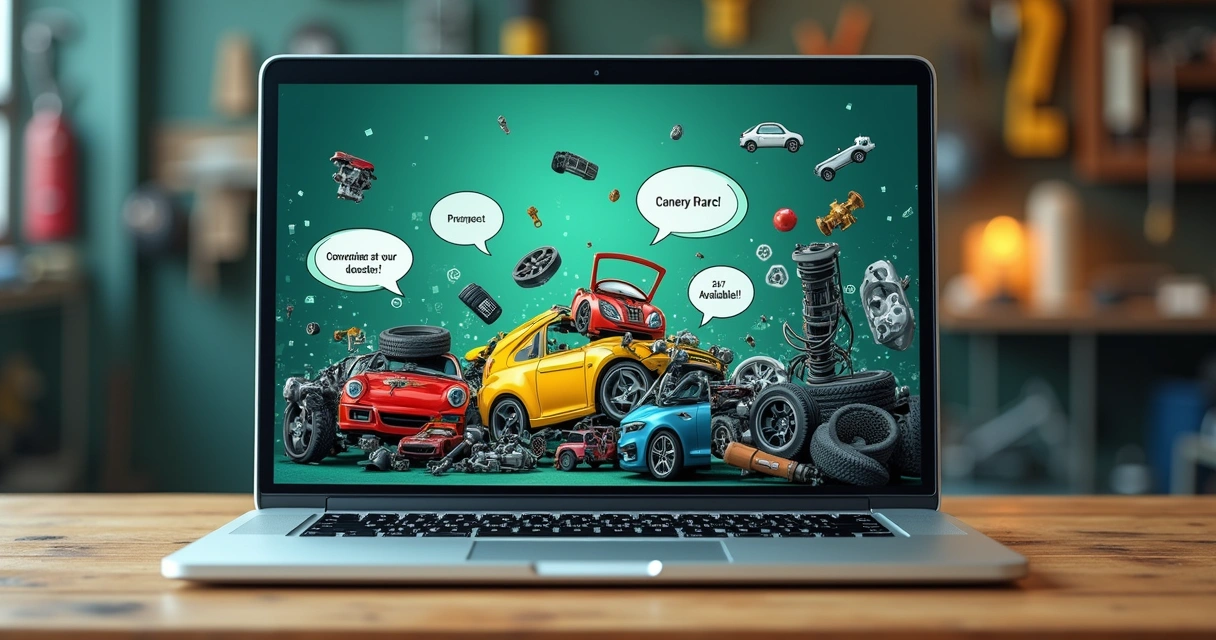 Mercado digital de autopeças ilustrado em laptop com peças de carro coloridas e mensagens sobre conveniência.