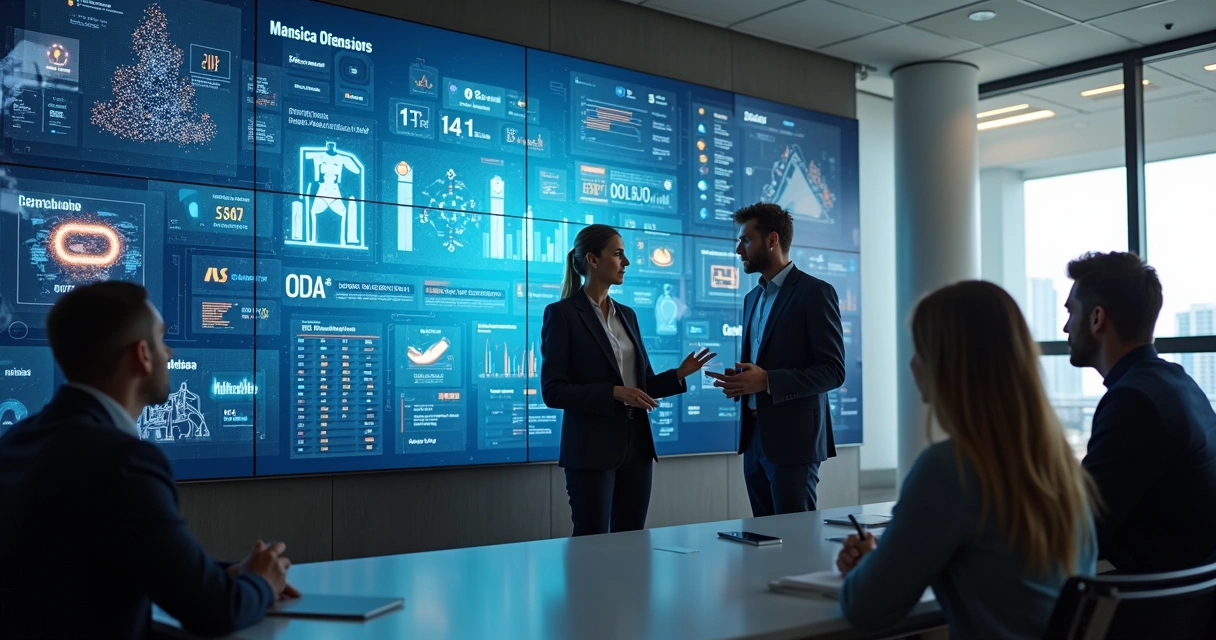 Diversos empresários em frente a um painel digital interativo 