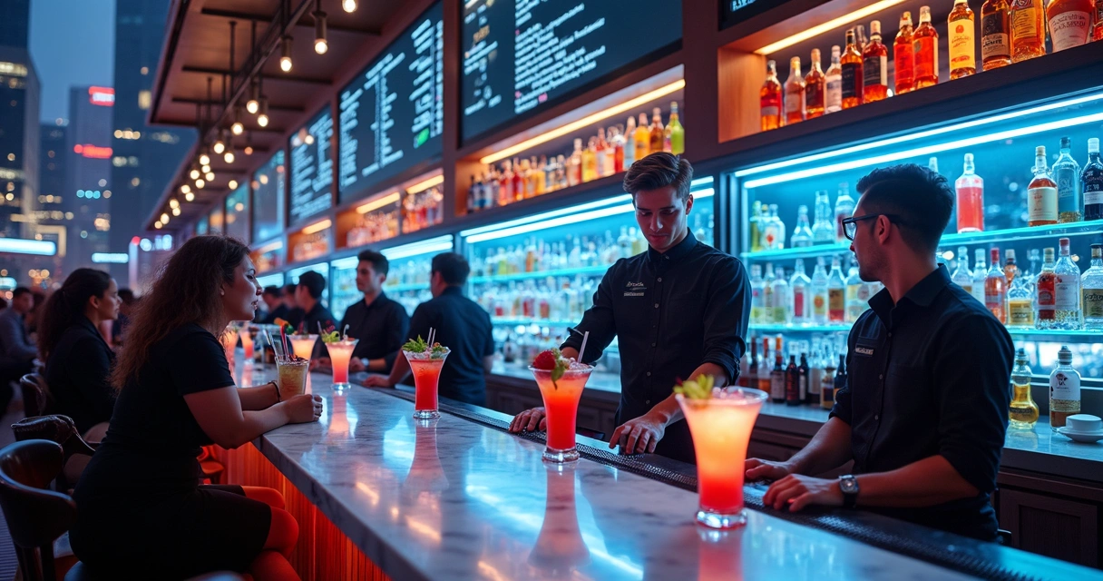 Ambiente moderno de bar com bartender preparando drinks diversos 