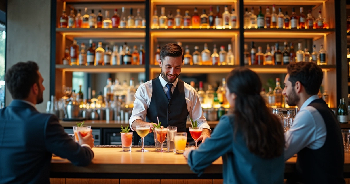 Ambiente de bar moderno com bartender preparando drinks e clientes assistindo 
