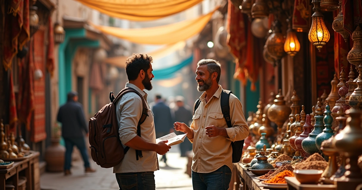 Turista negociando em bazar 
