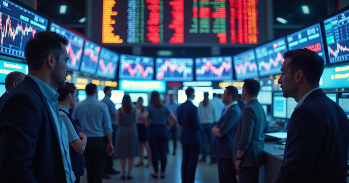 Pantalla de bolsa con gráficas y rostros emocionales 