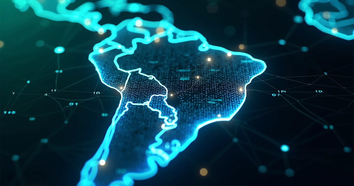 Mapa do Brasil com destaques de tecnologia e IA