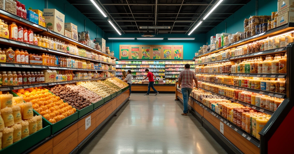 Corredor de supermercado brasileiro com produtos típicos nas prateleiras 