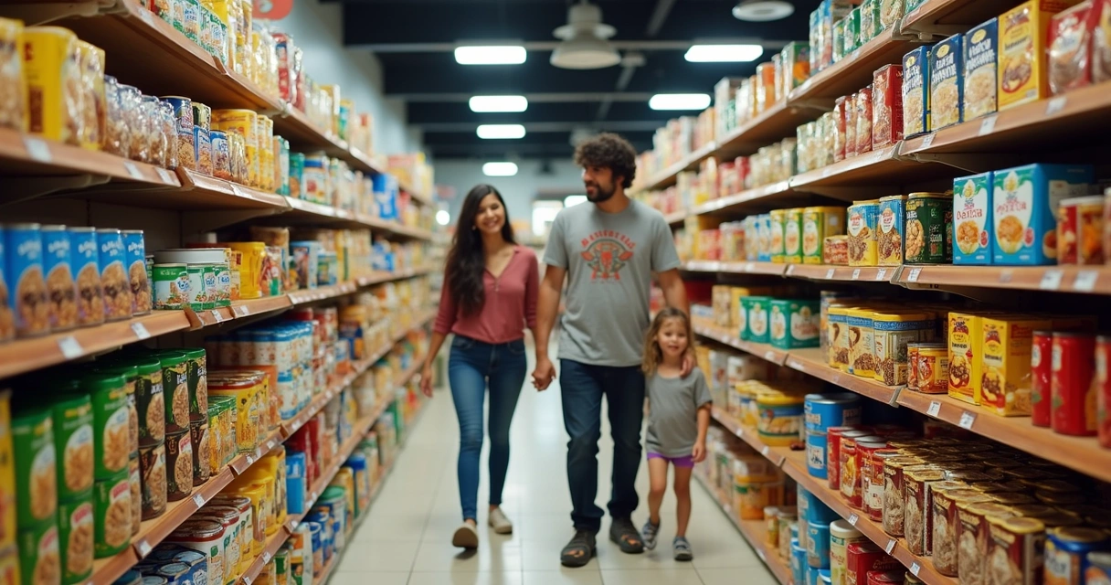 Interior de supermercado brasileiro com prateleiras de produtos típicos em Orlando 