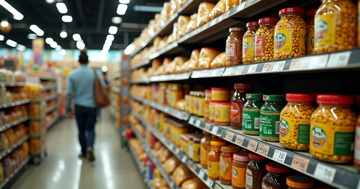 Prateleira de supermercado brasileiro com produtos típicos em Orlando 